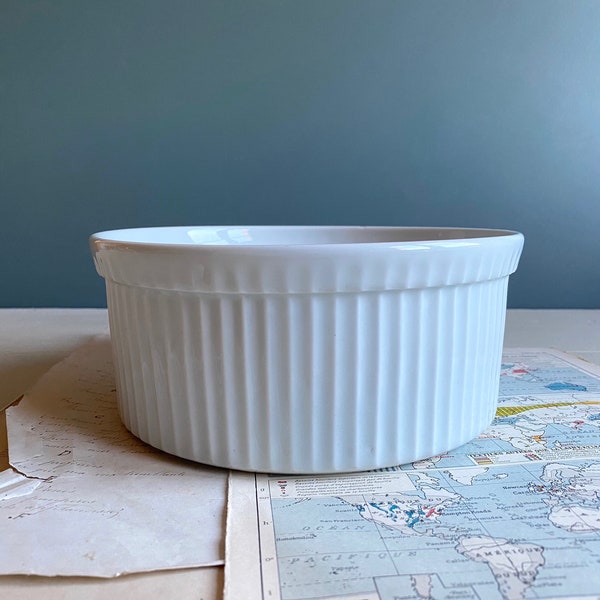 A vintage French white porcelain soufflé dish, oven proof porcelain dish, baking dish