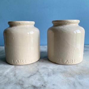 Two vintage French stoneware mustard jars, Lab lagny