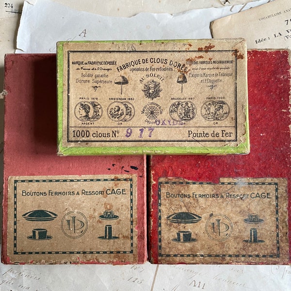 3 très vieilles boîtes de quincaillerie françaises, boîtes en carton, emballage antique