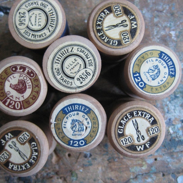 Vintage French glove thread, mercerised thread, fil glace, wooden thread bobbins, vintage haberdashery