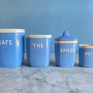 Vintage French ceramic canister set, blue and white, kitchen decor