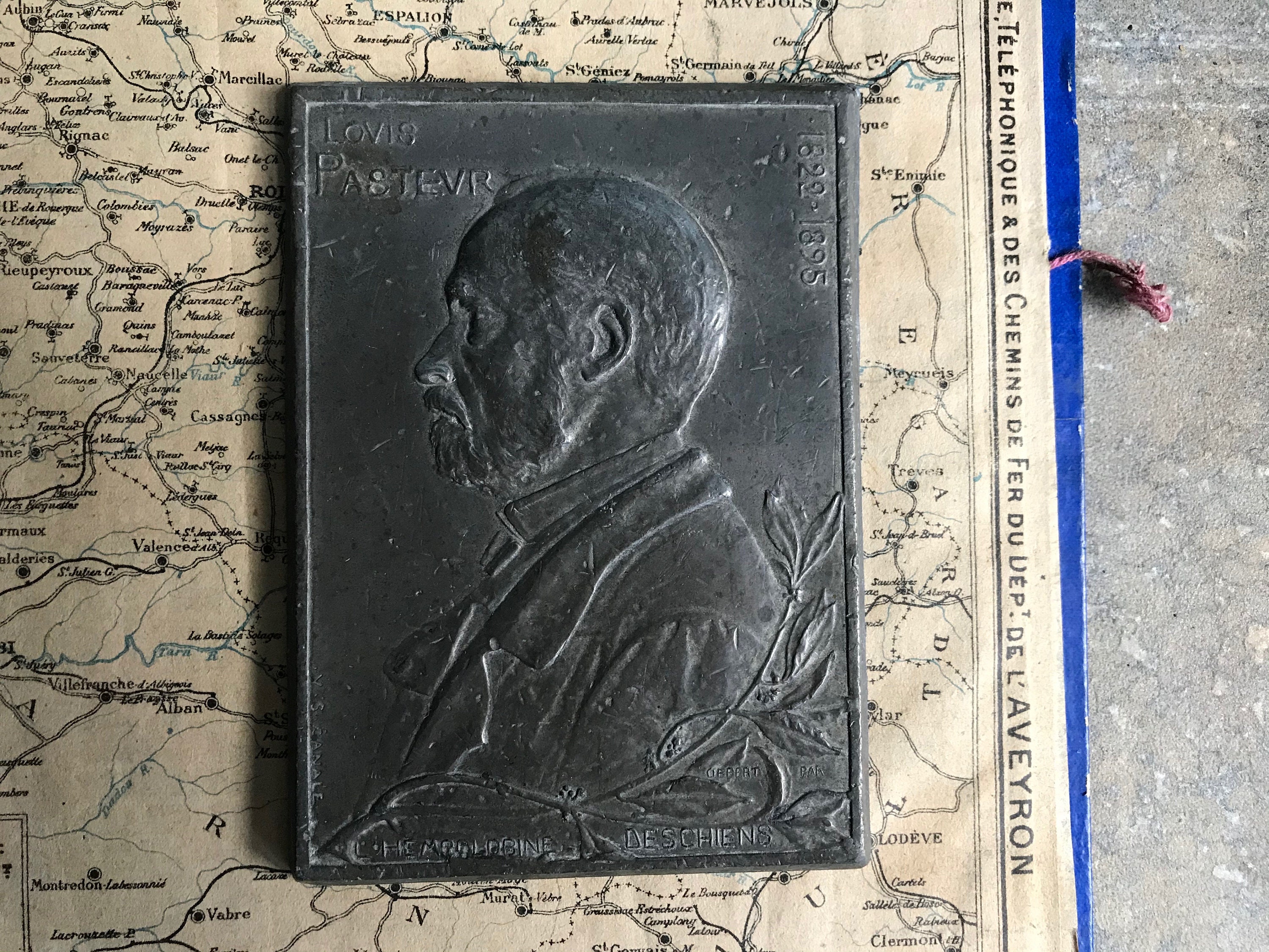 Une Plaque Français de Plomb Louis Pasteur, Relief Plomb, Portrait Relief