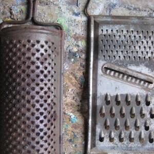 Two vintage French graters, rusty graters, kitchen decor, photo props, food styling, texture image 7