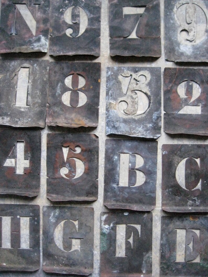 vintage french copper stencils, zinc stencils, alphabet, numbers, pochoirs, home decor image 1