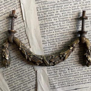 May include: A pair of ornate, antique brass cabinet pulls with a floral design. The pulls have a curved shape and are attached to screws.