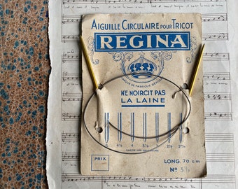 Agujas de tejer circulares francesas vintage en su tarjeta original, tamaño 3,5