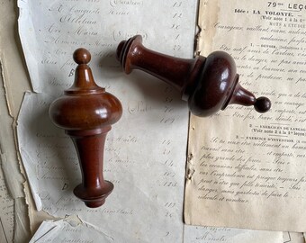 Two vintage French hard wood finials, turned wooden finials