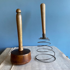 Vintage French kitchen utensils, whisk and pestle