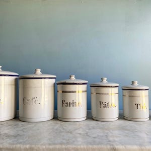 A vintage French white chippy enamel canister set, kitchen storage, kitchen decor