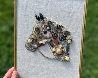 Upcycled Jewelry Horse Silhouette Artwork Handmade Vintage Equestrian Wall Hanging Mixed Media Repurposed Vintage Jewelry