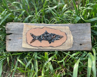 Rustic Shark Tooth Silhouette Wall Art Made With Real Shark Teeth on Reclaimed Wood - Costal Beach Home Decor Mixed Media