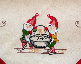 Lovely Elves Gnomes Christmas Embroidered - Swedish Norwegian Danish Holiday Decor Linen