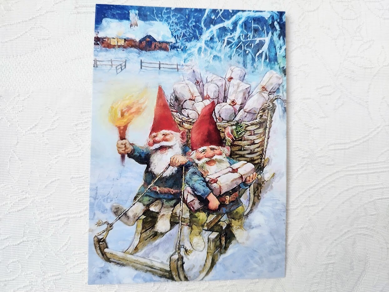Nordic Christmas Card Swedish Norwegian - Lovely Gnome on sleigh with gifts