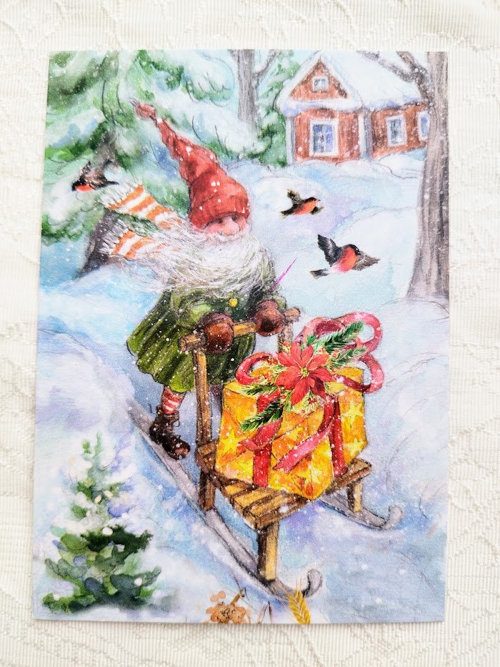 Nordic Christmas Card Swedish Norwegian - Lovely Gnome on sleigh with gifts