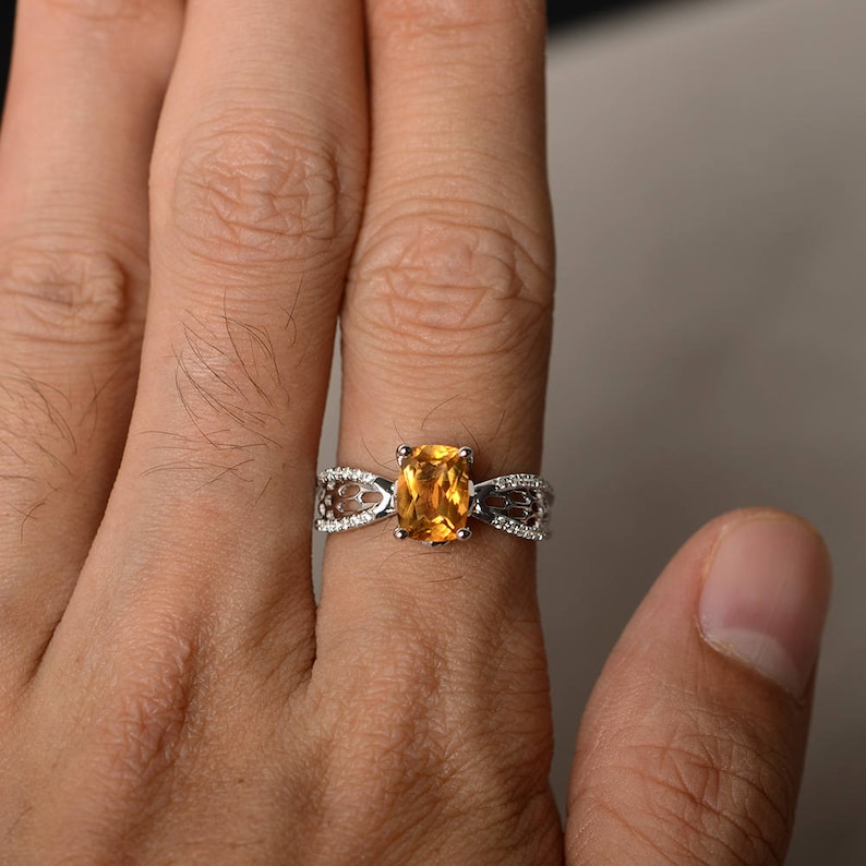Real Natural Citrine Rings Engagement Rings Cushion Cut Rings Yellow Gemstone Rings Solid Silver Rings