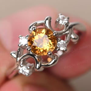 Personalized Citrine Twig Wedding Ring Round Cut Sterling Silver November Birthstone Ring