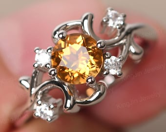 Personalized Citrine Twig Wedding Ring Round Cut Sterling Silver November Birthstone Ring