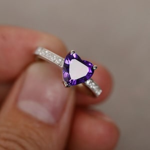 Natural Amethyst Ring Purple Crystal Gemstone Ring Silver Heart Cut Quartz Ring Engagement Ring February Birthstone Ring
