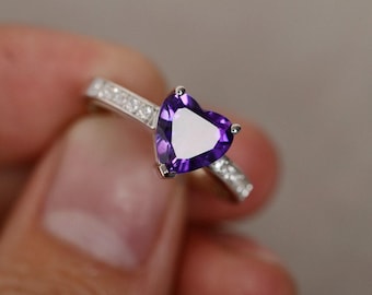 Anillo de amatista natural, anillo de piedra preciosa de cristal violeta, anillo de cuarzo con corte de corazón de plata, anillo de compromiso, anillo con piedra natal de febrero