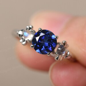 Round Shaped Sapphire and Moonstone Ring Sterling Silver Honey Bee Ring 3 Stones Mothers Ring