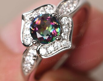 Mystic Topaz Flora Engagement Ring Sterling Silver Round Shaped Rainbow Topaz Double Heart Ring
