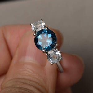 Round Cut London Blue Topaz Ring Engagement Ring Sterling Silver Gemstone White Topaz Accent Stone
