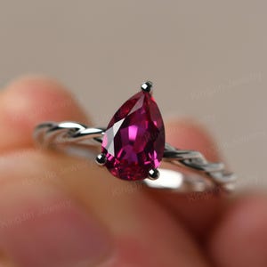 Delicate Ruby Twist Rope Engagement Ring Sterling Silver Tear Drop Shaped July Birthstone Ring
