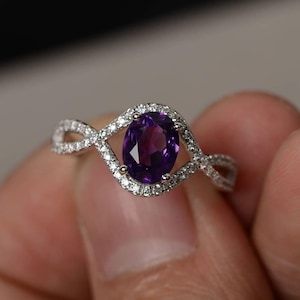 Natural Amethyst Ring Silver Oval Shaped Engagement Ring Infinity Ring Purple Gemstone Ring