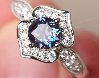 Double Heart Alexandrite Statement Ring Round Cut Sterling Silver June Birthstone Ring