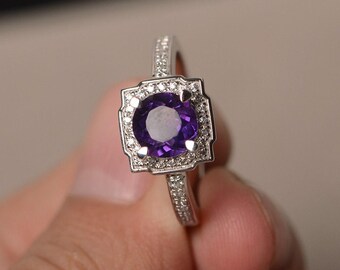 Purple Amethyst Ring Round Cut Engagement Ring Promise Ring Sterling Silver Ring