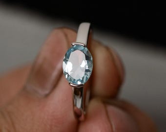 Oval Cut Aquamarine Promise Ring March Birthstone  Sterling Silver Ease West Ring Anniversary Gifts