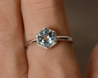 Anillo de aguamarina, piedra de nacimiento de marzo, solitario de plata de ley, anillo de promesa