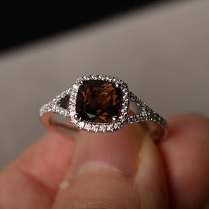 Natural Smoky Quartz Ring Party Ring Sterling Silver Ring Cushion Cut Brown Gemstone