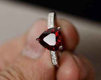 Natural Garnet Ring Sterling Silver Ring Heart Cut Red Gemstone Ring January Birthstone Ring