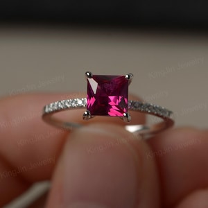 Red ruby Ring Sterling Silver Engagement Ring Princess Cut July Birthstone Ring