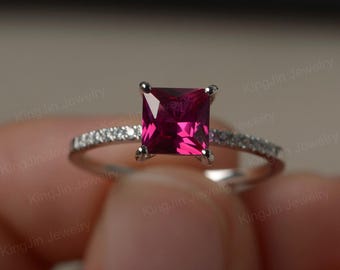 Red ruby Ring Sterling Silver Engagement Ring Princess Cut July Birthstone Ring