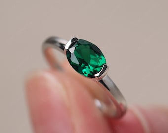 May Birthstone Emerald Ring Oval Cut Ring Gemstone Sterling Silver Promise Ring Solitaire Engagement Ring Simple Ring