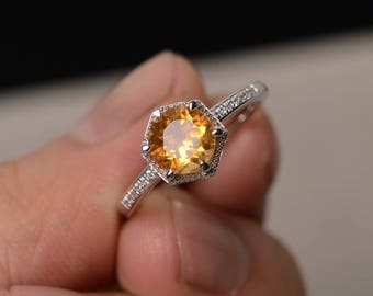 Yellow Citrine Ring Round Cut Engagement Rings November Birthstone Ring