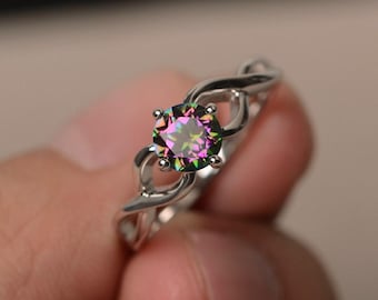Echte Mystic Topas Ringe Rundschliff Regenbogen Topas Ring Sterling Silber Ringe Versprechen Ring für Frauen