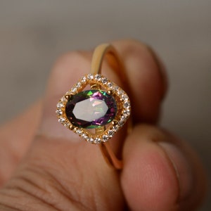 Mystic Topaz Ring Oval Cut Ring Yellow Gold Plated Silver Ring