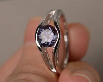 Solitaire Ring Lab Alexandrite Ring Engagement Ring Round Cut Color Change Gemstone Ring Sterling Silver Ring