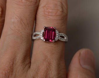 Anillo de rubí de laboratorio, anillo de compromiso de plata con corte esmeralda, anillo para mujer, joyería con piedras preciosas