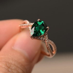 Emerald Ring May Birthstone Pear Cut Green Gemstone Ring Rose Gold Engagement Ring