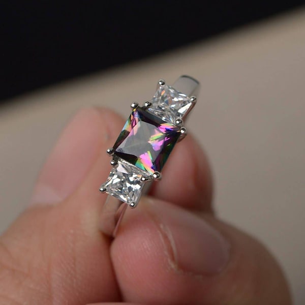 Real Mystic Topaz Rings Rainbow Rings Promise Rings Princess Cut Rings Sterling Silver Rings