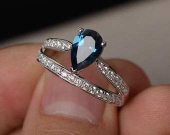 London Blue Topaz Ring Silver Pear Cut Engagement Rings Blue Gemstone Ring Promise Ring