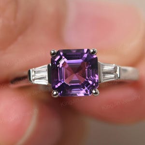 Solid Silver Amethyst Anniversary Ring Asscher Cut 7x7 mm February Birthstone Ring
