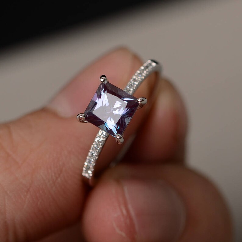 Alexandrite Ring Princess Cut Engagement Ring Silver Slim Etsy