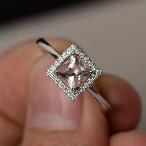 Princess Cut Engagement Ring Morganite Ring Silver Pink Gemstone Ring Promise Ring for Her