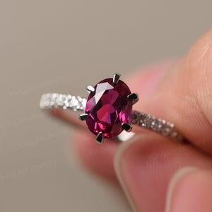 Custom Hidden Halo Ruby Ring Sterling Silver Anniversary Ring Oval Cut July Birthstone Ring