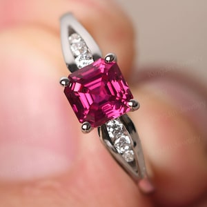 Dainty 1.50 Carat Ruby Anniversary Ring Sterling Silver Asscher Cut July Birthstone Ring